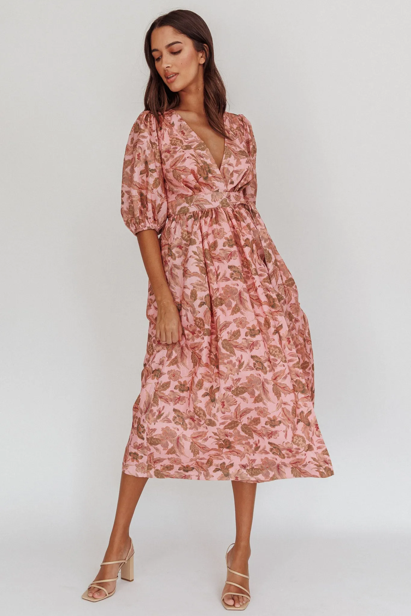 Doris Floral Puff Sleeve Midi Wrap Dress Blush sold by Selfie Leslie
