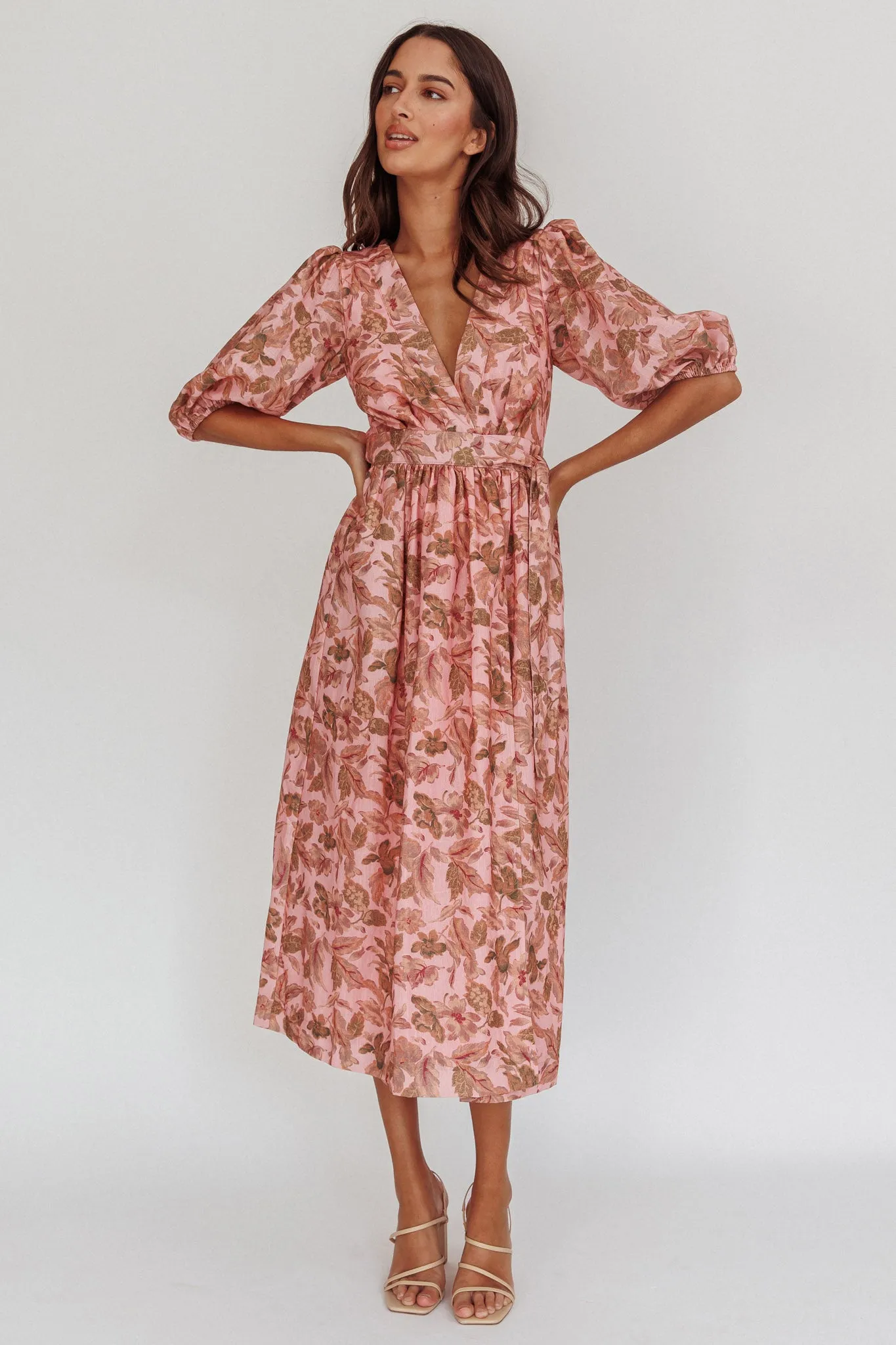 Doris Floral Puff Sleeve Midi Wrap Dress Blush sold by Selfie Leslie product image thumbnail 5