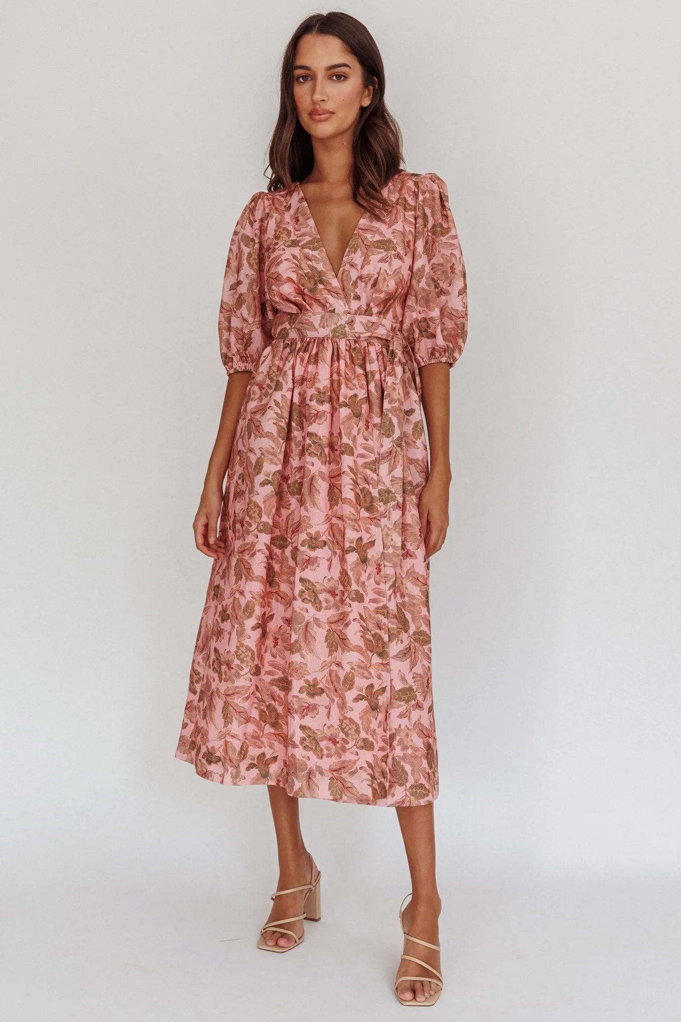 Doris Floral Puff Sleeve Midi Wrap Dress Blush sold by Selfie Leslie product image thumbnail 3