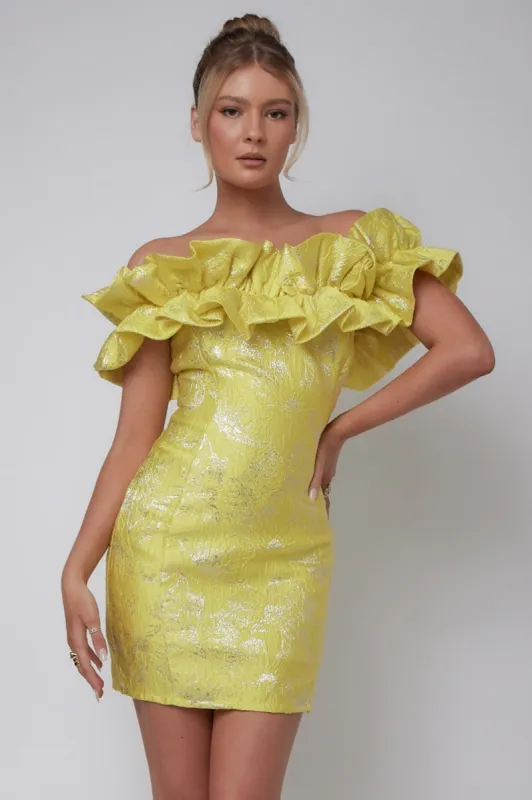 Memoire Off-Shoulder Jacquard Mini Dress Yellow sold by Selfie Leslie