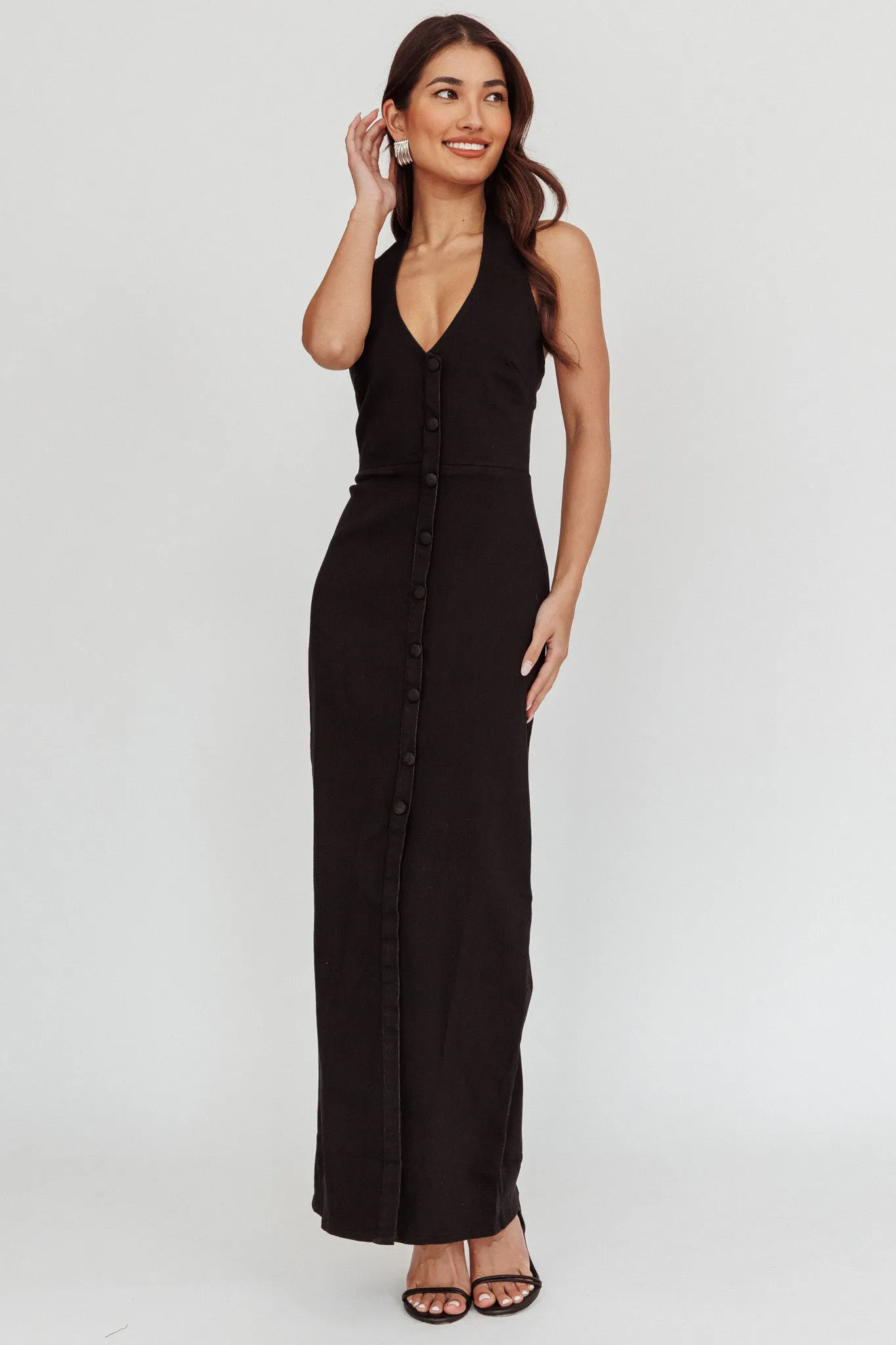 Renita Halterneck Button Maxi Dress Black sold by Selfie Leslie product image thumbnail 3