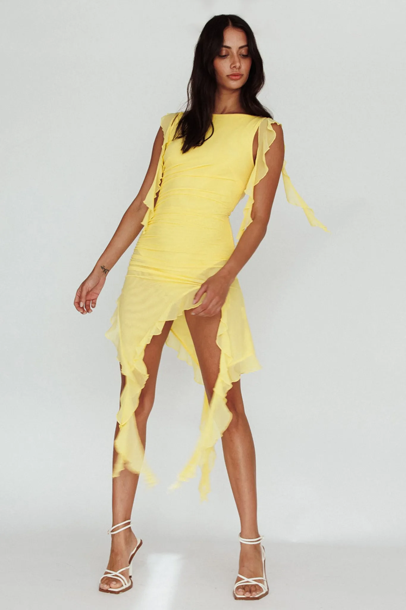 After Party Sleeveless Ruffle Trim Mini Dress Lemon sold by Selfie Leslie