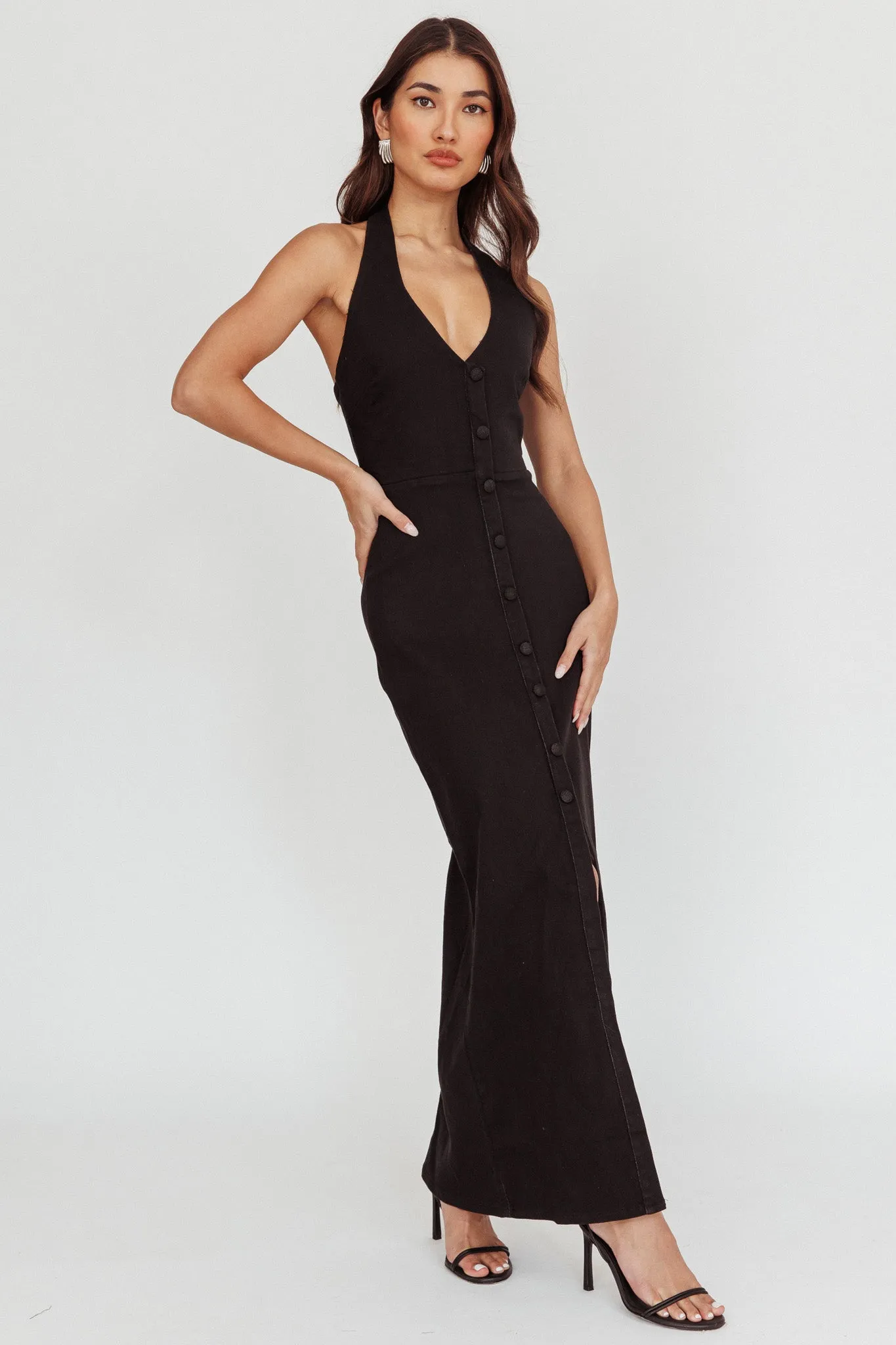 Renita Halterneck Button Maxi Dress Black sold by Selfie Leslie