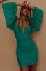 Good Vibes Long Sleeve Deep V-Neckline Ruched Mini Dress Green sold by Selfie Leslie