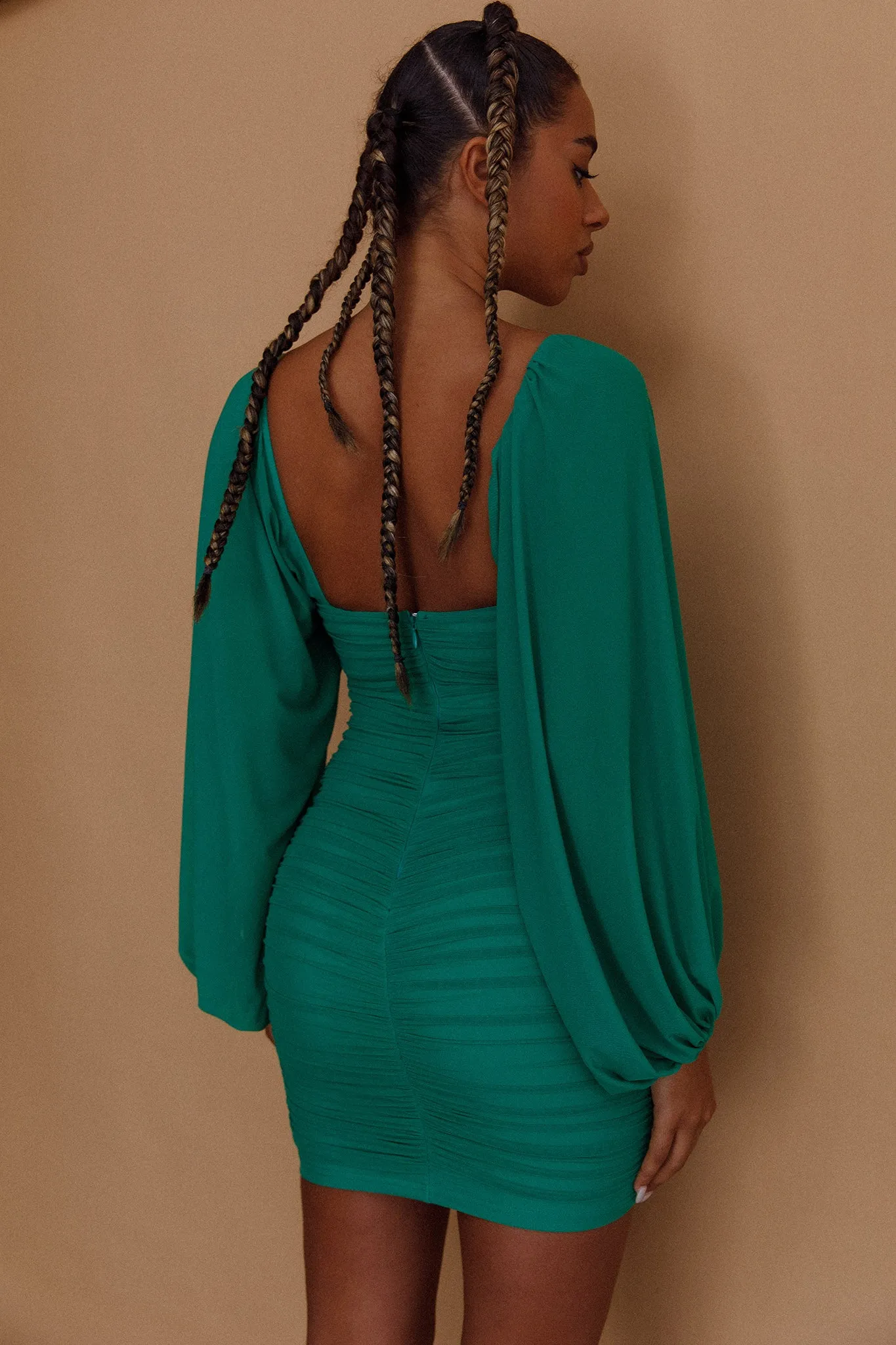 Good Vibes Long Sleeve Deep V-Neckline Ruched Mini Dress Green sold by Selfie Leslie product image thumbnail 2