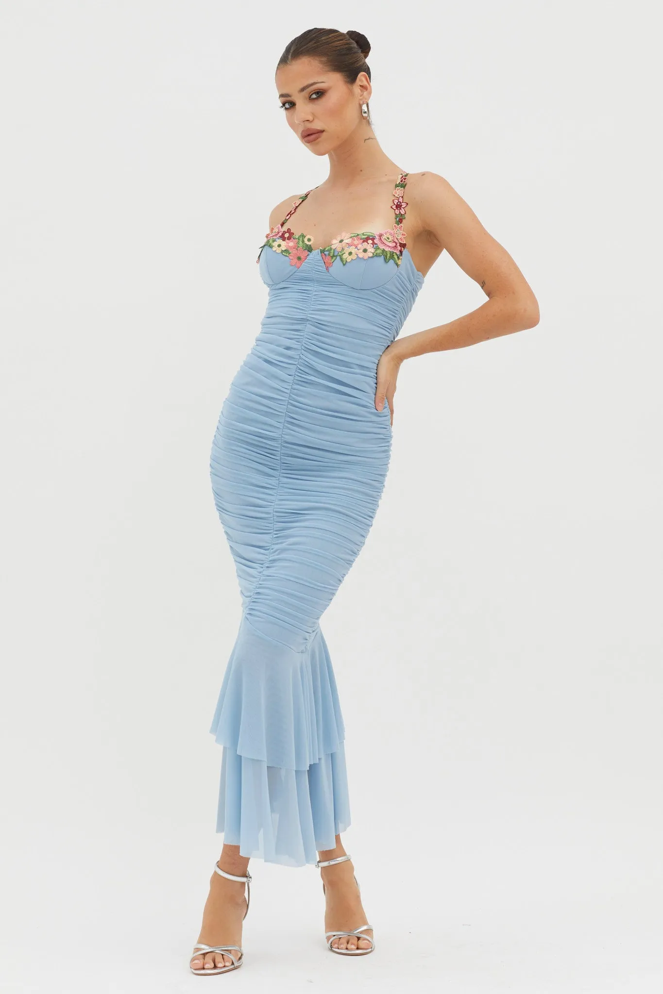 Rose Garden Ruched Mesh Midi Dress Blue sold by Selfie Leslie product image thumbnail 5