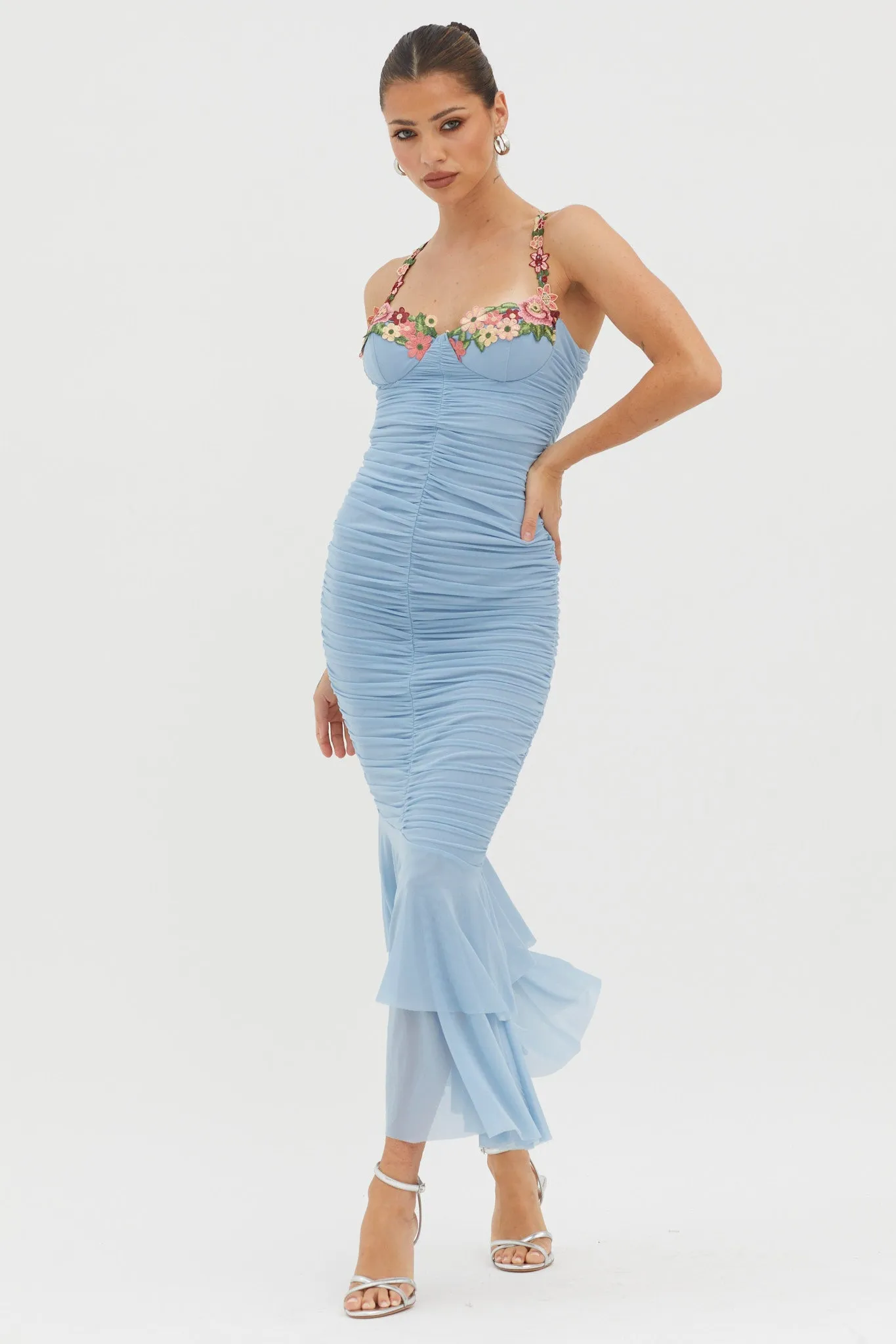 Rose Garden Ruched Mesh Midi Dress Blue sold by Selfie Leslie