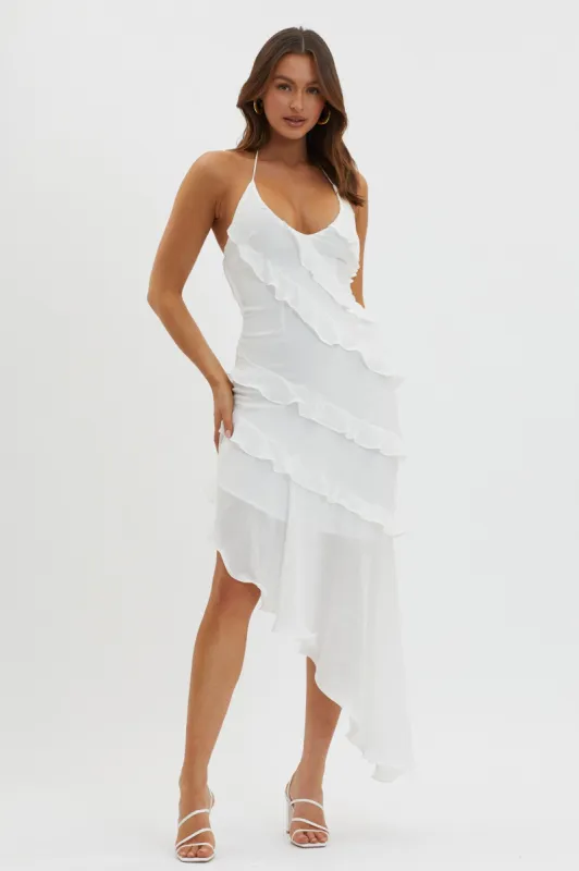 Arrabel Tiered Ruffle Asymmetric Midi Dress White sold by Selfie Leslie