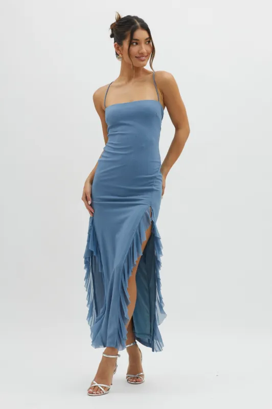 Rosilyn Split Ruffle Midi Dress Blue sold by Selfie Leslie