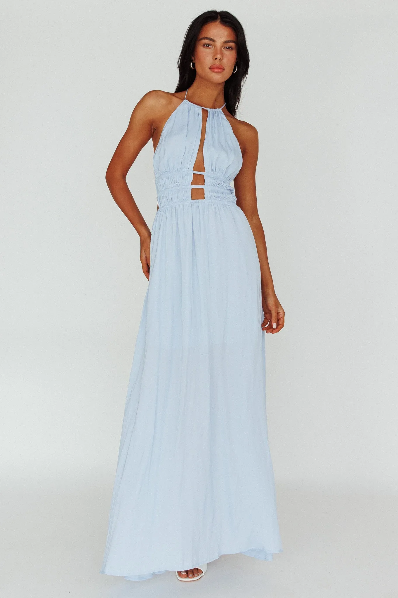 Cyndi Open Back Halterneck Maxi Dress Blue sold by Selfie Leslie