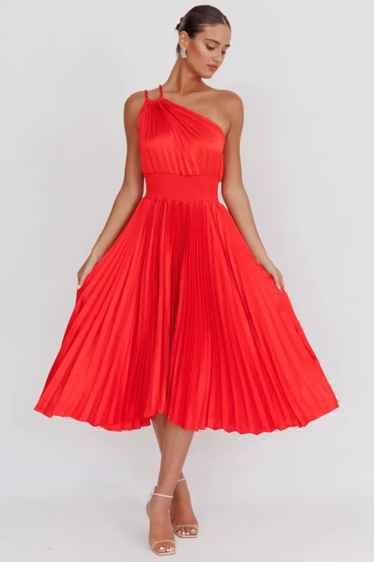 Calissa One Shoulder Pleated Midi Dress Red sold by Selfie Leslie