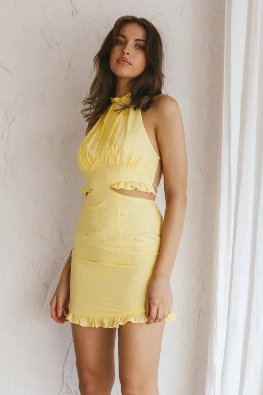 Giovana Halterneck Frill Mini Dress Lemon sold by Selfie Leslie