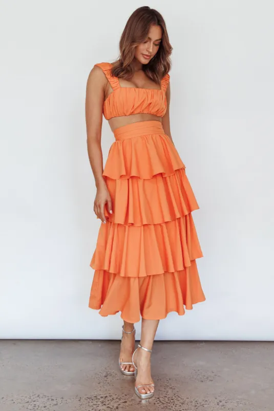 Suenito Tiered Frill Maxi Skirt Orange sold by Selfie Leslie