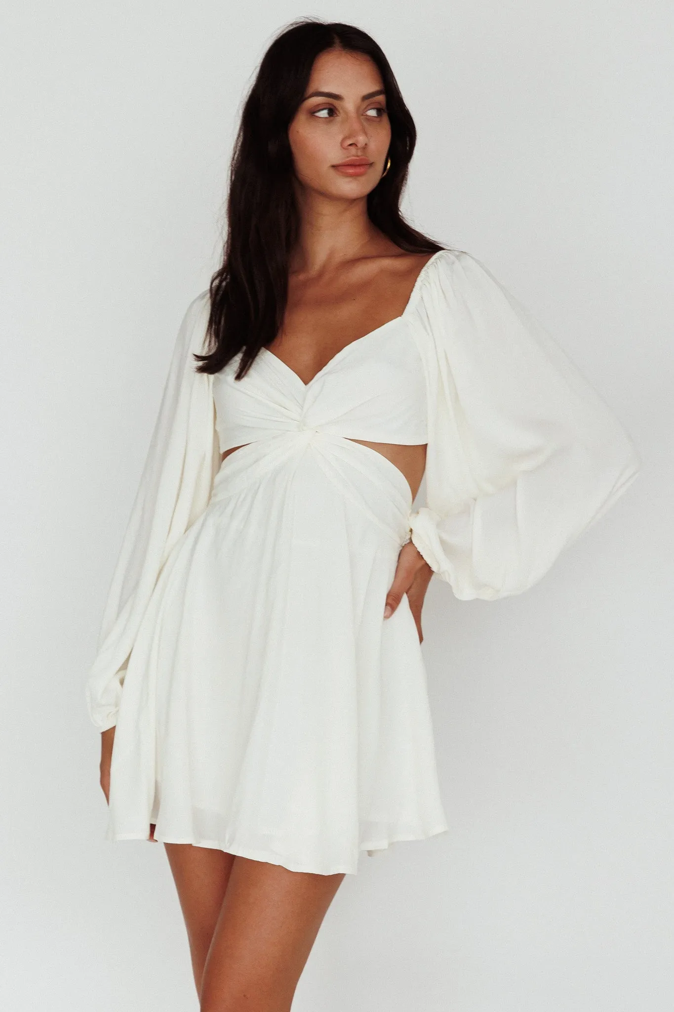 Miraya Balloon Sleeve Twist Mini Dress White sold by Selfie Leslie product image thumbnail 3