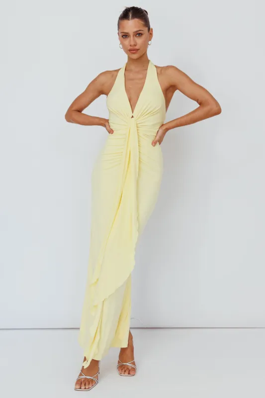 Ray Of Light Ruched Halterneck Maxi Dress Lemon sold by Selfie Leslie