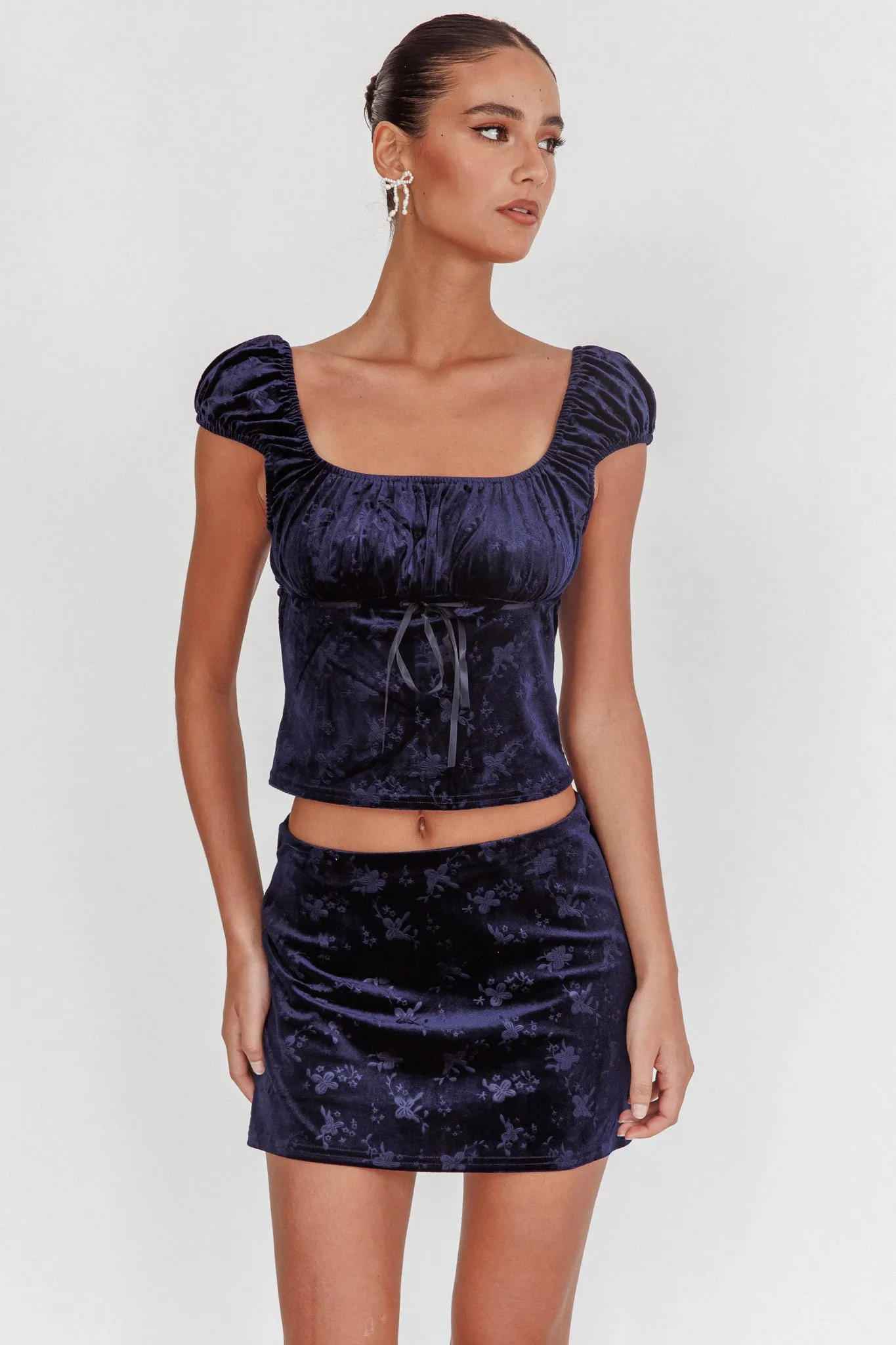 High Rollers Floral Velvet Mini Skirt Navy sold by Selfie Leslie product image thumbnail 5