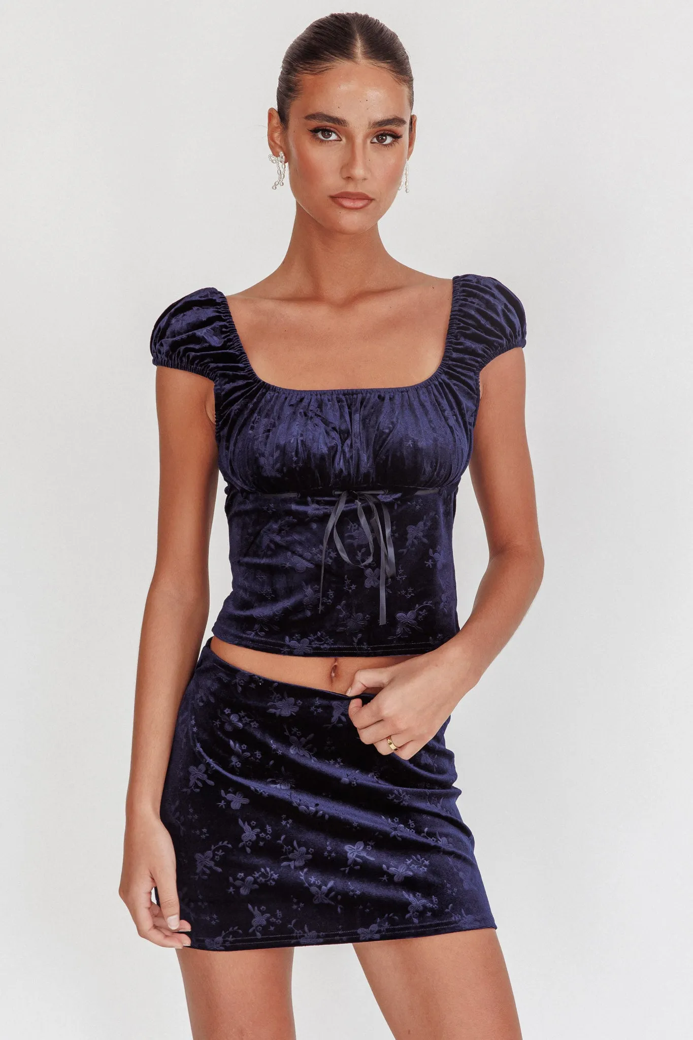 High Rollers Floral Velvet Mini Skirt Navy sold by Selfie Leslie
