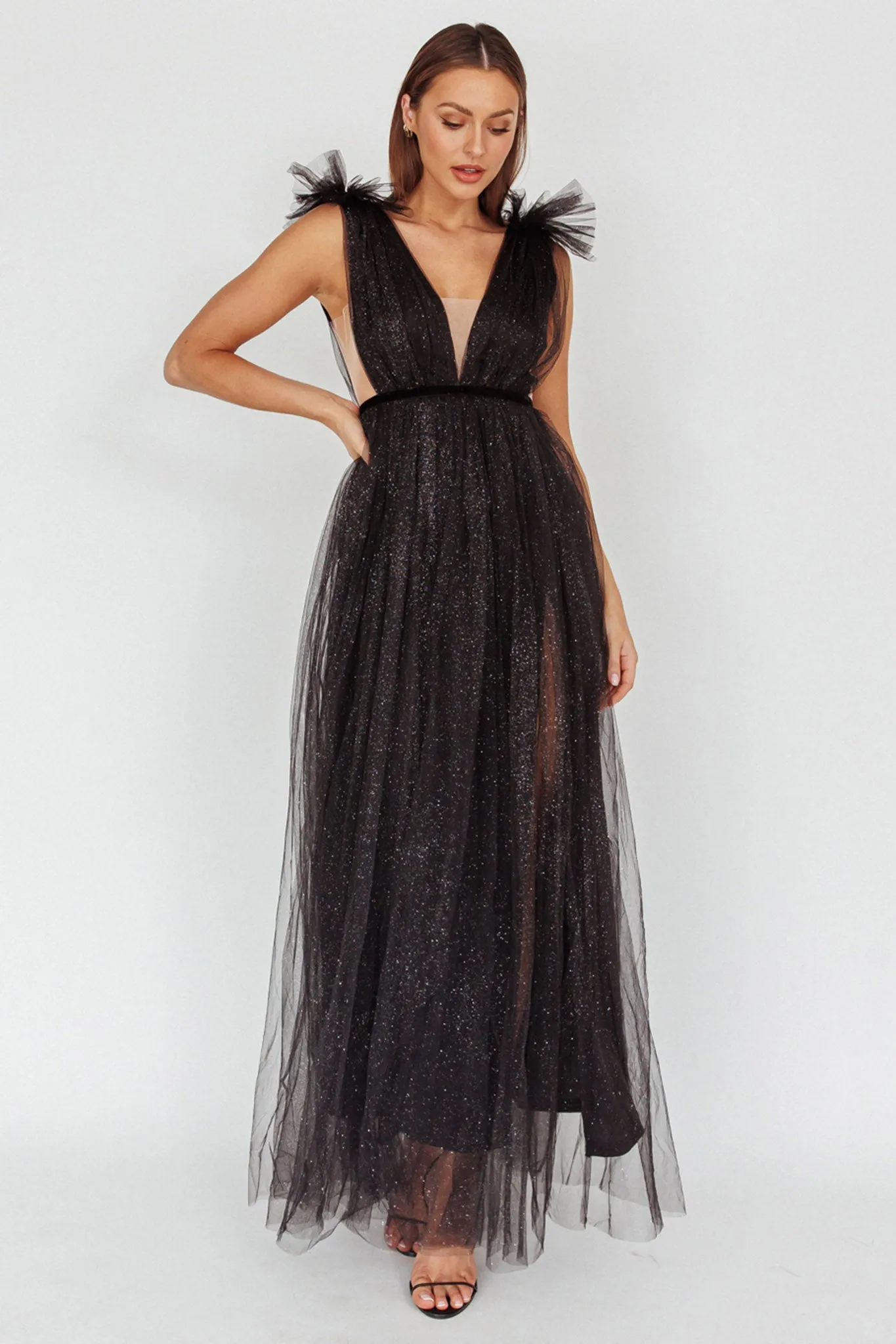 Ludivine Shoulder Accent Mesh Midi Dress Glitter Black sold by Selfie Leslie product image thumbnail 3