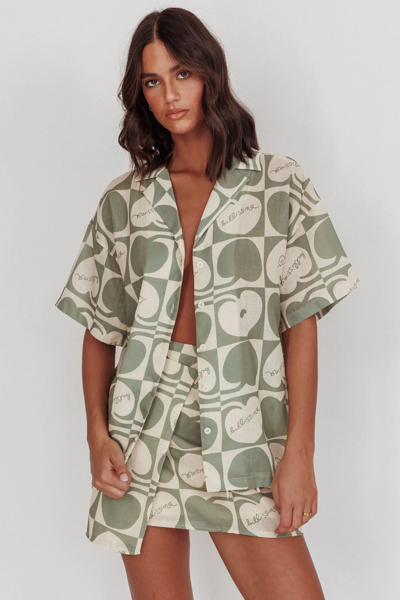 Ithaca Cherry Print Short Sleeve Shirt Sage Beige sold by Selfie Leslie product image thumbnail 5