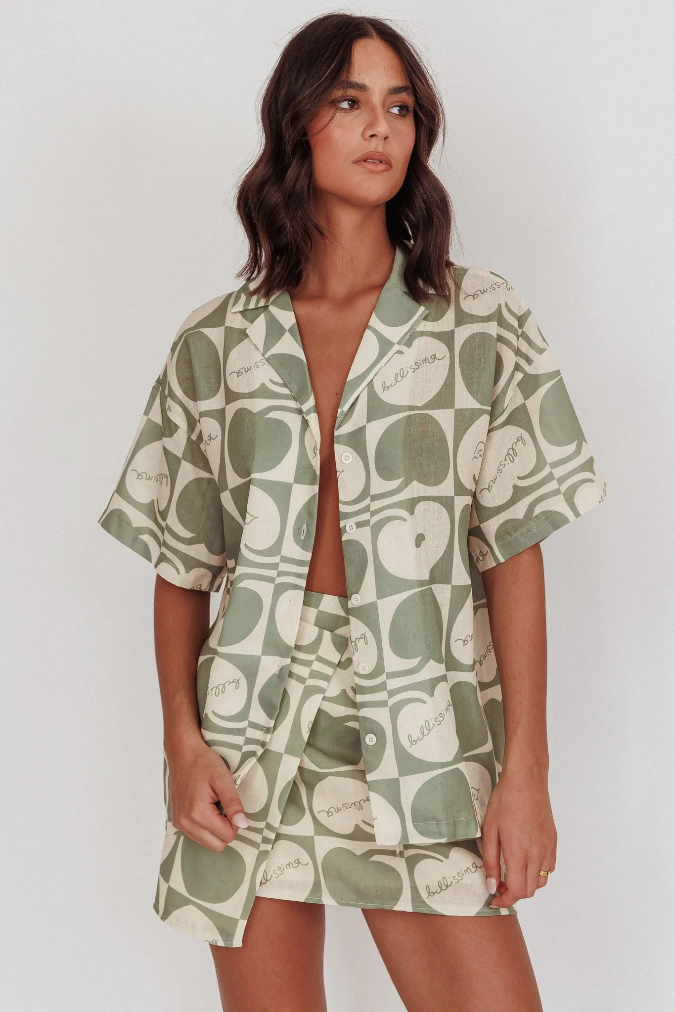 Ithaca Cherry Print Short Sleeve Shirt Sage Beige sold by Selfie Leslie