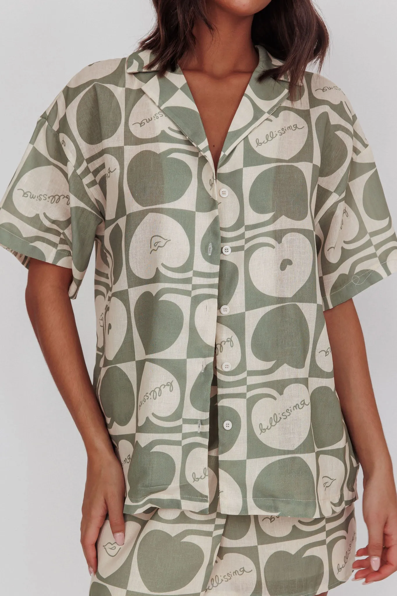 Ithaca Cherry Print Short Sleeve Shirt Sage Beige sold by Selfie Leslie product image thumbnail 4