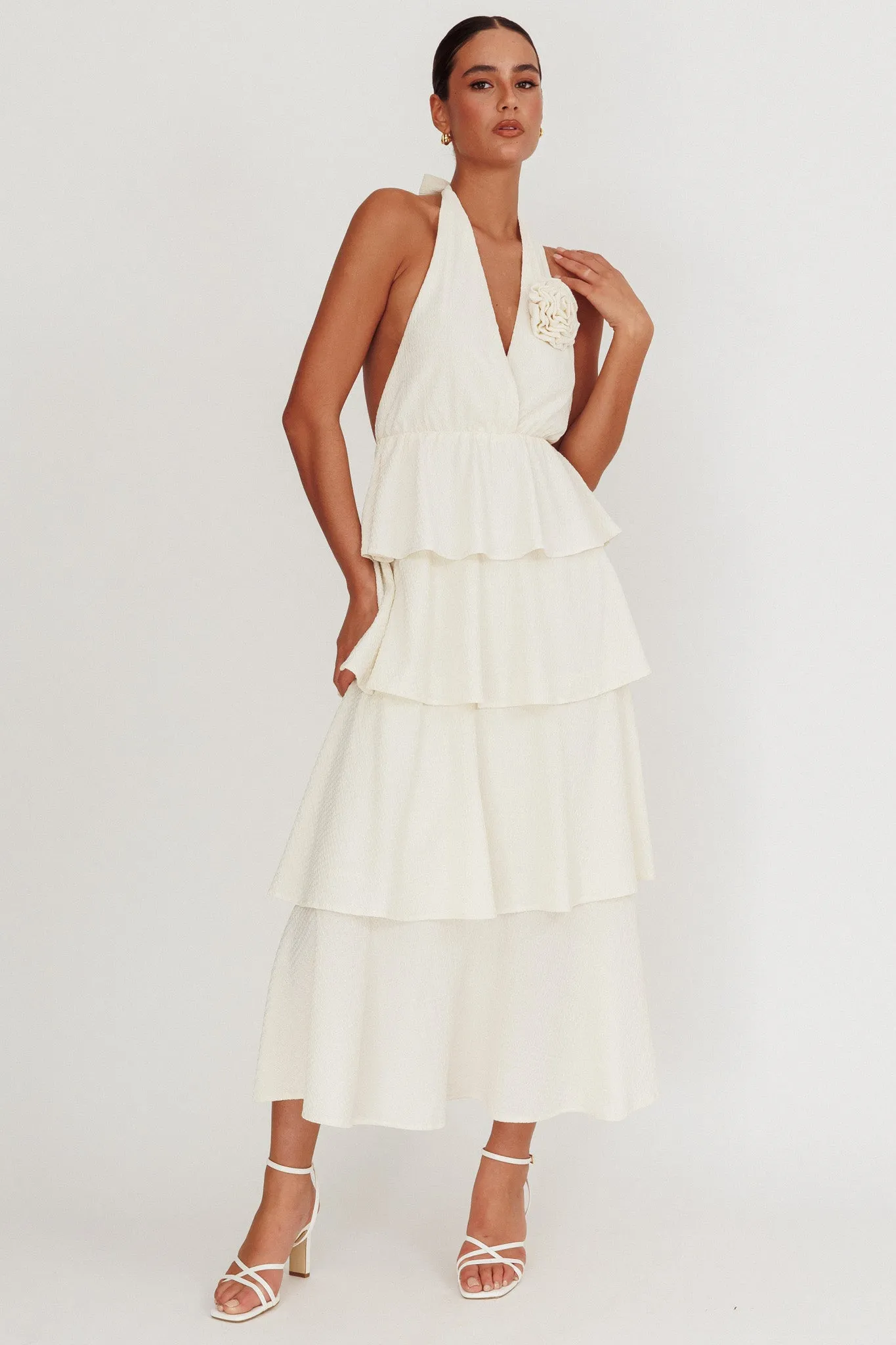 Kimberley Halter Neck Ruffle Maxi Dress Beige sold by Selfie Leslie