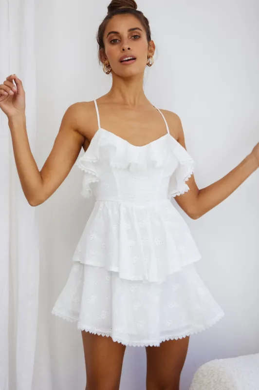 Tameka Ruffle Trim Layered Hem Eyelet Dress White sold by Selfie Leslie