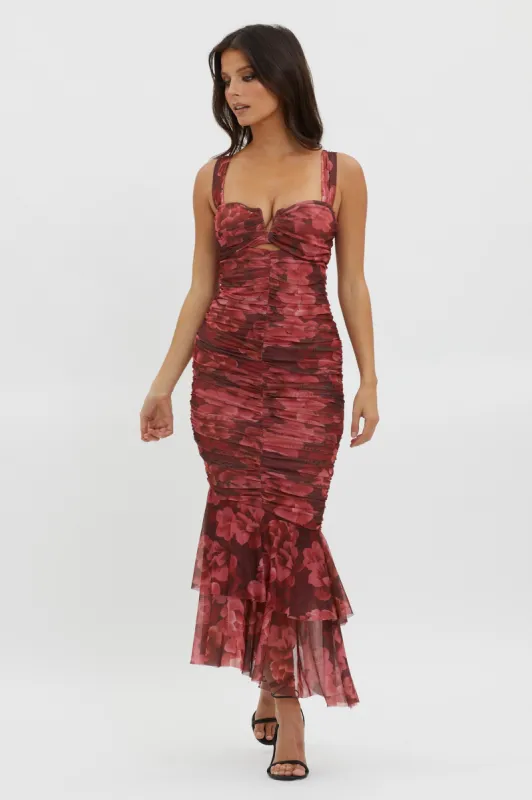 Nadia Ruched Fishtail Midi Dress Floral Wine sold by Selfie Leslie