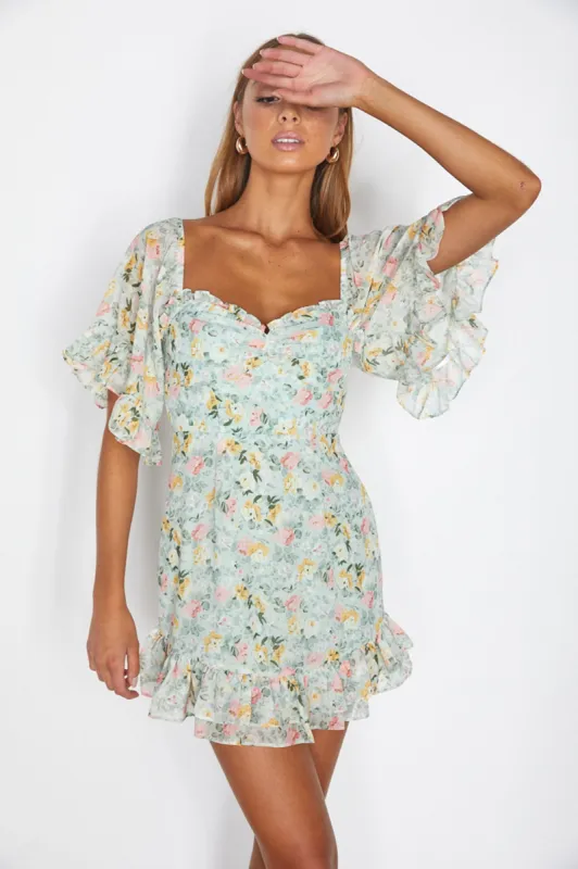 Elorah Frill Trim Mini Dress Floral Green sold by Selfie Leslie
