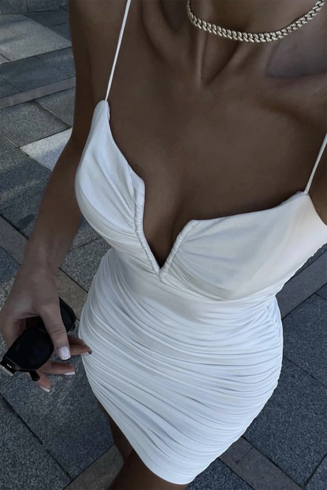 Good Vibes Cami Strap Deep V-Neckline Ruched Mini Dress White sold by Selfie Leslie product image thumbnail 2