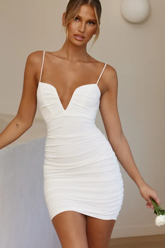 Good Vibes Cami Strap Deep V-Neckline Ruched Mini Dress White sold by Selfie Leslie