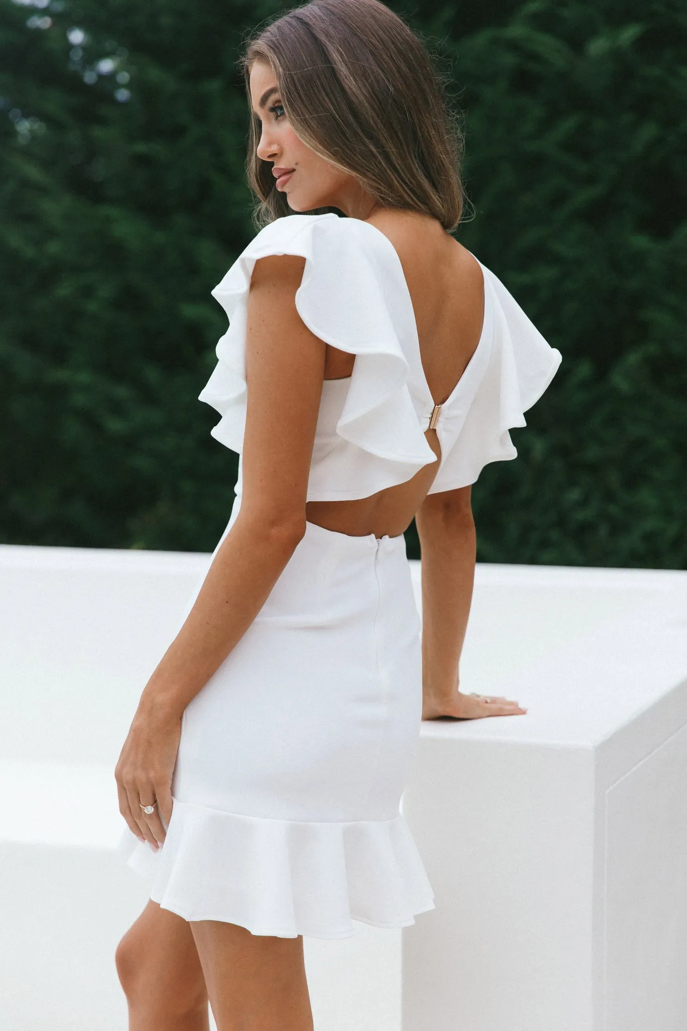 Cupid's Bow V-Neckline Ruffle Shoulder Bodycon Dress White sold by Selfie Leslie product image thumbnail 3