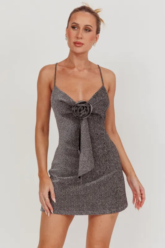 Addicted Glitter Rosette Mini Dress Charcoal sold by Selfie Leslie