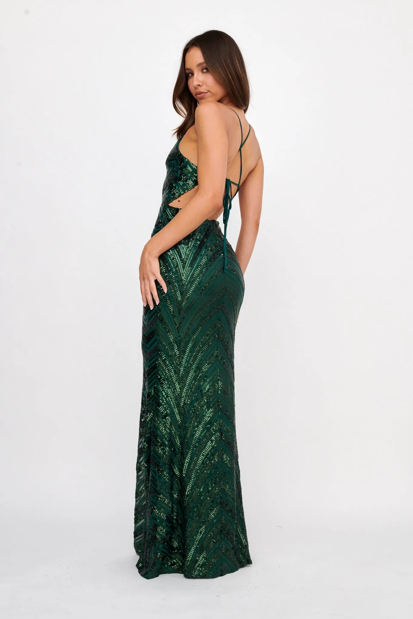 Dalila Open Tied Back Sequin Maxi Dress Hunter sold by Selfie Leslie product image thumbnail 2