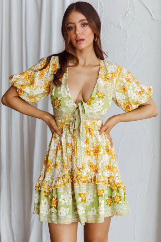 Rosy Tied Bust Mini Dress Floral Apple/Yellow sold by Selfie Leslie