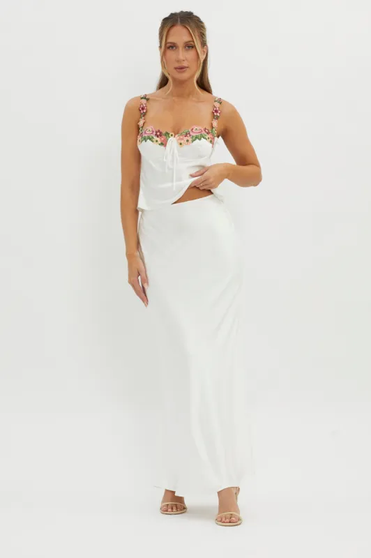 Rose Garden Satin Maxi Skirt White sold by Selfie Leslie
