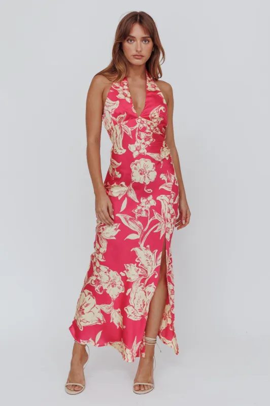 Brighter Days Halterneck Split Midi Dress Fuchsia sold by Selfie Leslie