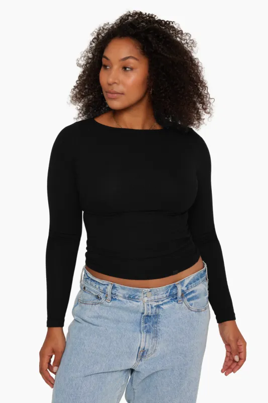 RIBBED MODAL BOAT NECK LONG SLEEVE - ONYX made by SETactive