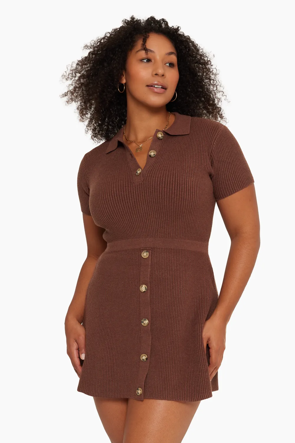 RIB KNIT POLO KNIT DRESS - CHOCOLATE sold by SETactive