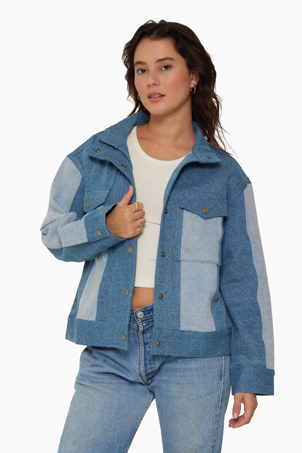 DENIM TWO TONED DENIM JACKET - CLASSIC MID WASH sold by SETactive