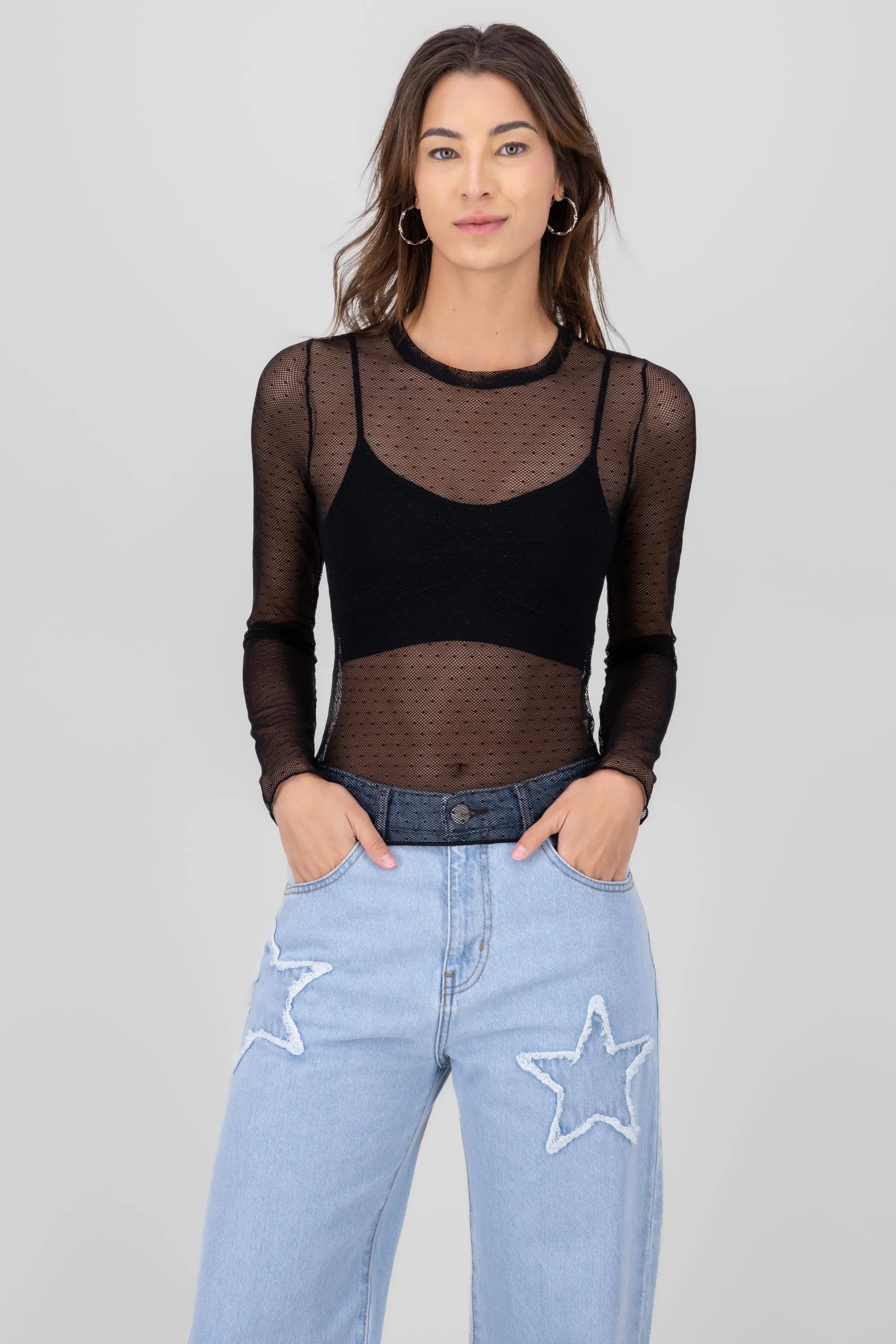 Top manga larga mesh polkas sold by Shasa