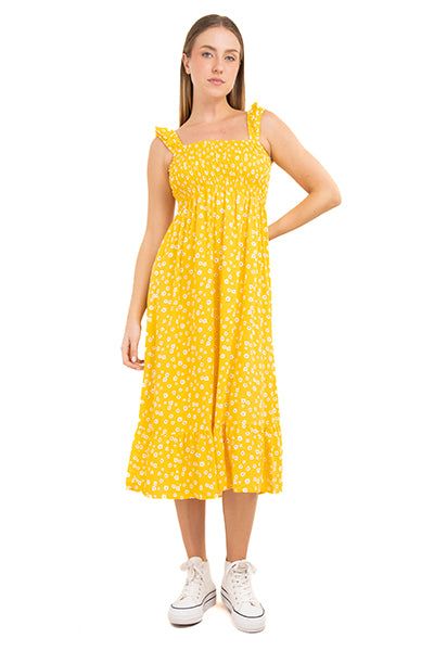 Vestido midi fruncido flores sold by Shasa