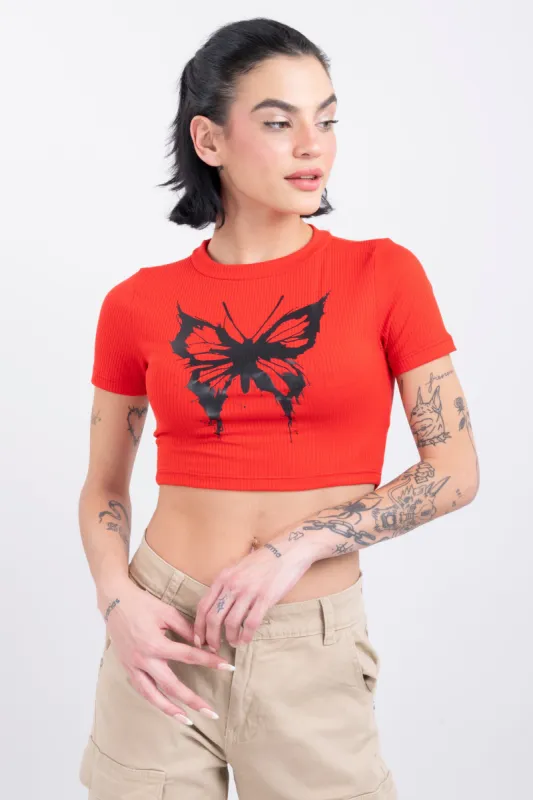 Playera crop acanalada mariposa sold by Shasa