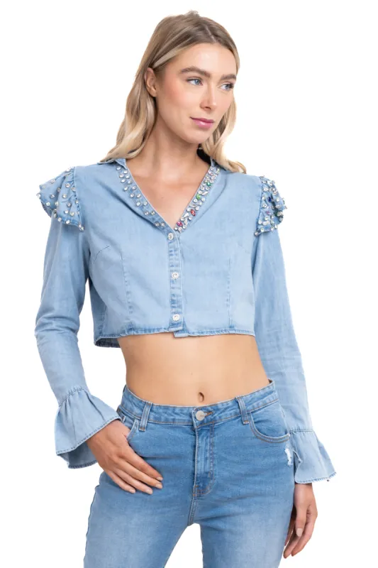 Camisa efecto mezlcilla con brillos sold by Shasa