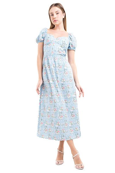 Vestido Midi Manga Abullonada Flores sold by Shasa