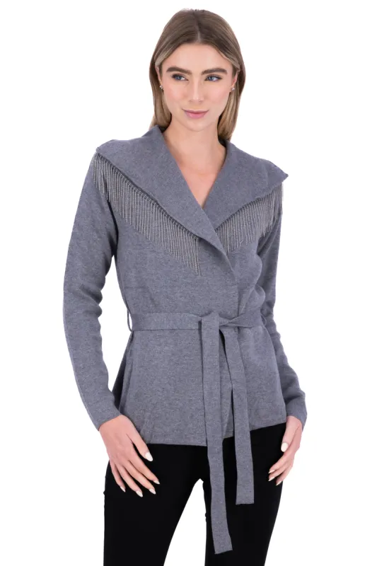 Cárdigan flecos brillos cinturón sold by Shasa