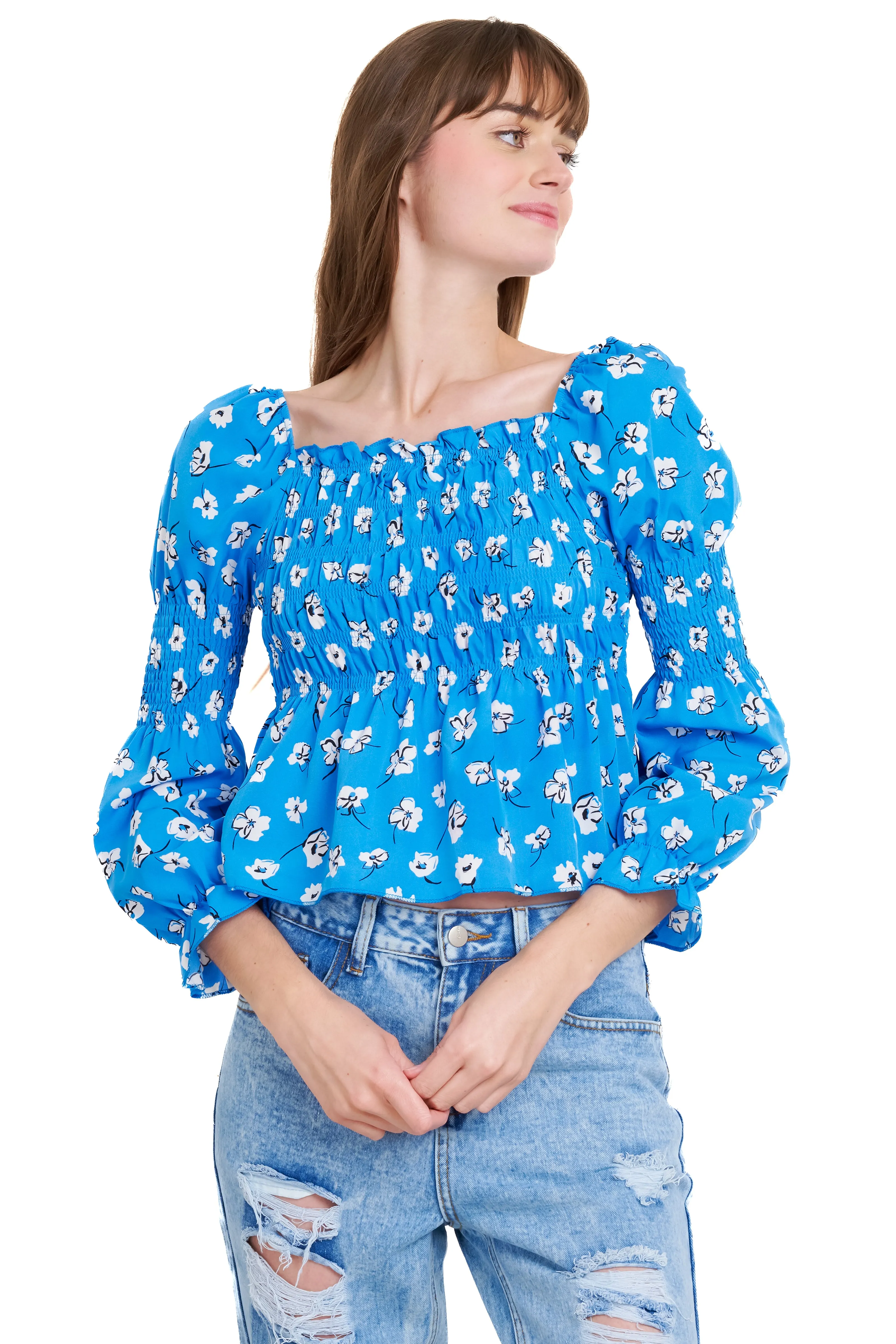 Blusa manga larga escote cuadrado detalle ligas sold by Shasa