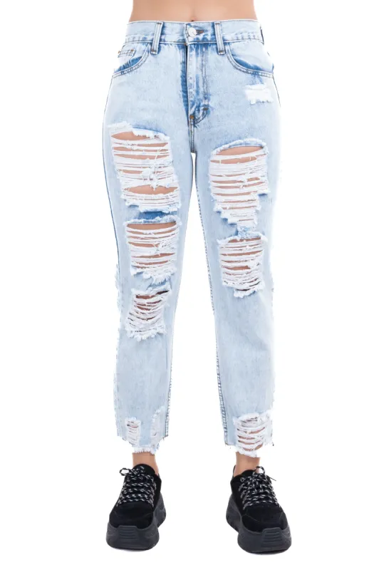 Jeans mom cintura media destrucción flecos sold by Shasa