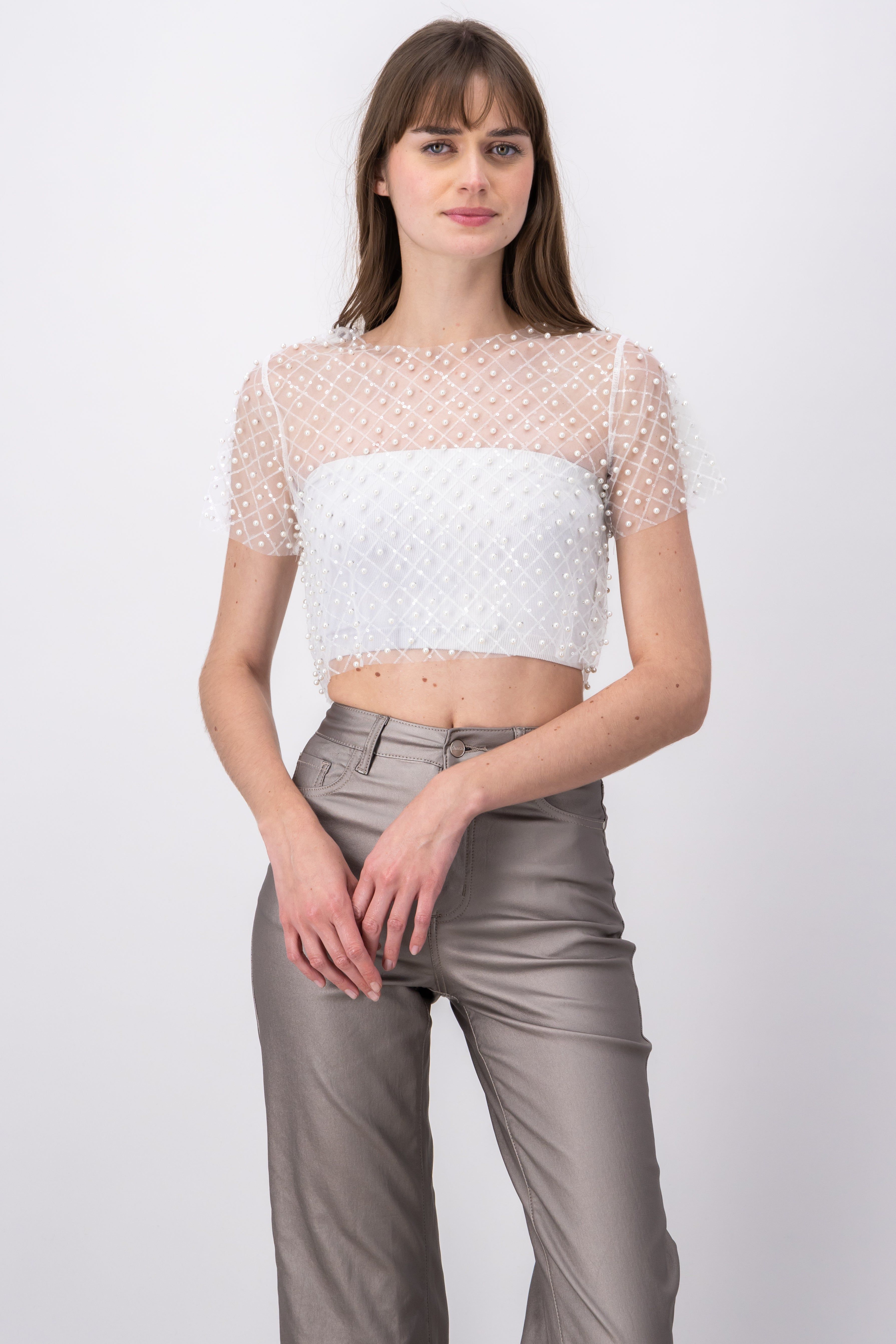 Top mesh manga corta perlas sold by Shasa