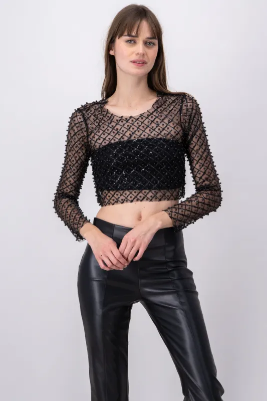 Top crop mesh perlas lentejuelas sold by Shasa